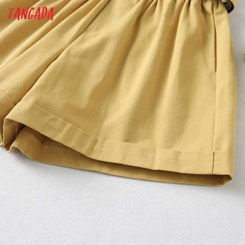 Tangada femmes élégant solide taille haute Shorts avec ceinture poches femme rétro basique décontracté pantalons YU24 210719