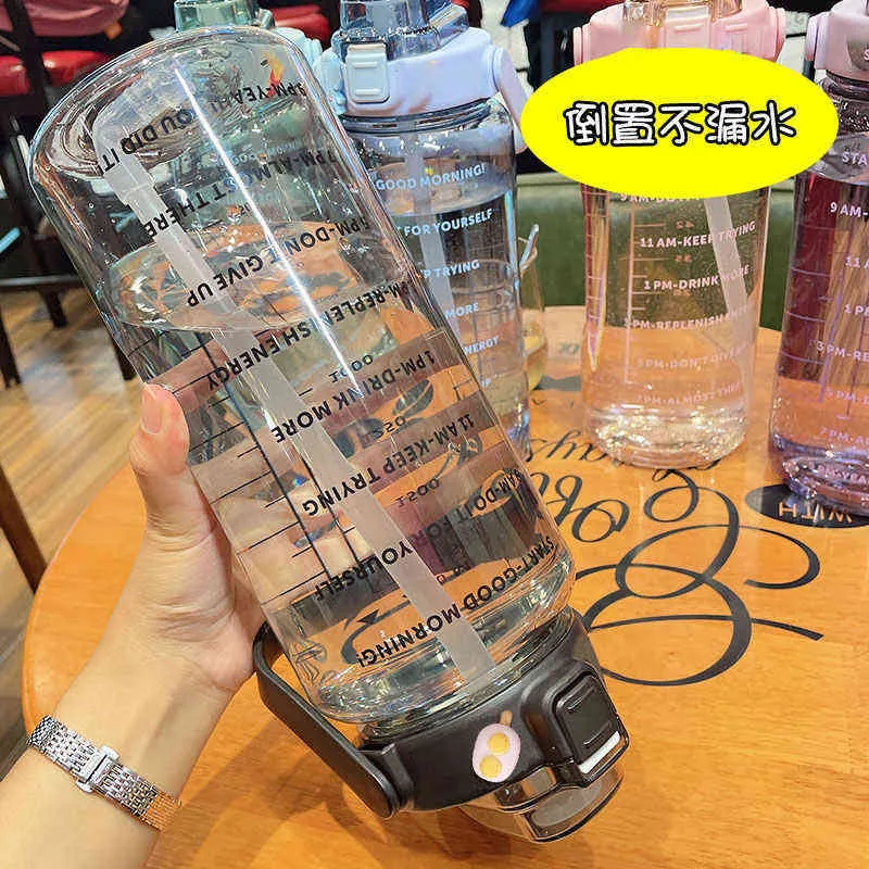 2 litro garrafa de água com palha jarro feminino meninas portáteis esportes esportes chaleira tempo marcador plástico bebendo macho copo 211122