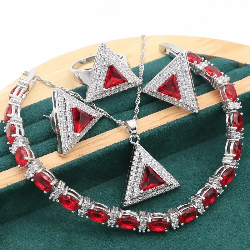 Conjunto de joyería de plata con piedras rojas geométricas para mujer, pulsera, pendientes, collar, anillo colgante, 2021