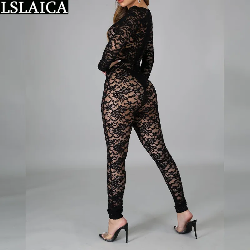 Jumpsuit Women Night Club Fashion Bodysuit Sexy Hollow Out Black Lace Hole Long Sleeve Zipper Bodys Para Mujer 210520