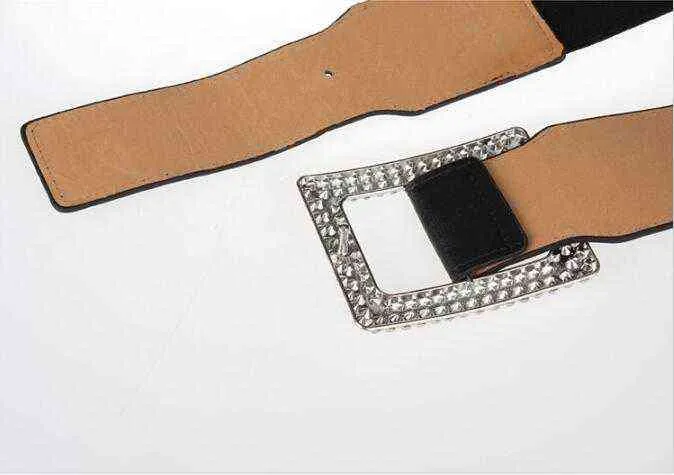 cinturini neri moda cinture elastiche le donne vestono la vita larga sigillo HOT strass argento rettangolo fibbia cintura elasticizzata G220301