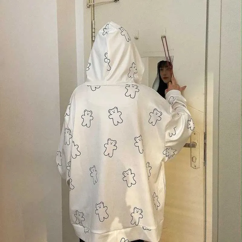 Harajuku Niedźwiedź Bluza z kapturem z suwakiem Kobiety Bluza cienka Koreańska Wiosna Jesień Biały Oversized Bluzy Odzszenice Nastolatki 210928
