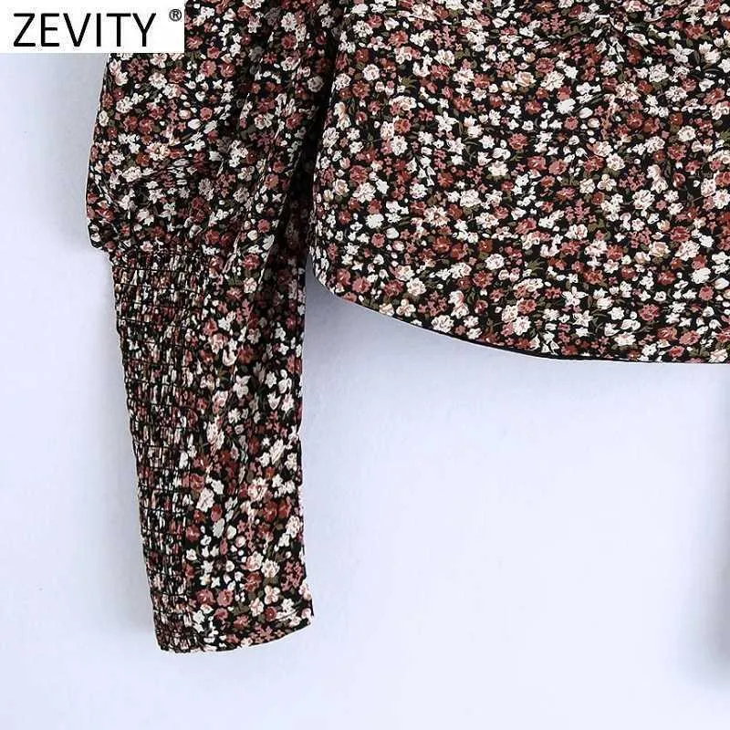 Zevity Kobiety Vintage Pleys Rękaw Puff Kwiat Drukuj Krótkie Bluzki Kobiet Koszulki Elastyczny Chic Chic Blusas Topy LS7540 210603