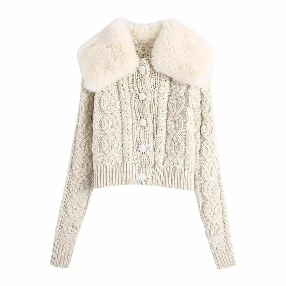 Vrouwen Mode Contrast Knit Faux Fur Jas Reverskraag Vest Vintage Lange Mouw Vrouwelijke Bovenkleding Chic Tops 210520