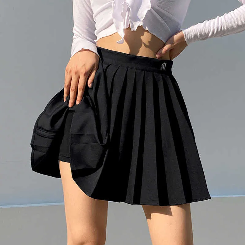 Iamsure preppy stil casual bokstav broderad 90 -tal veckad kjol koreansk streetwear mode hög midja mini kjol för kvinnor y0824