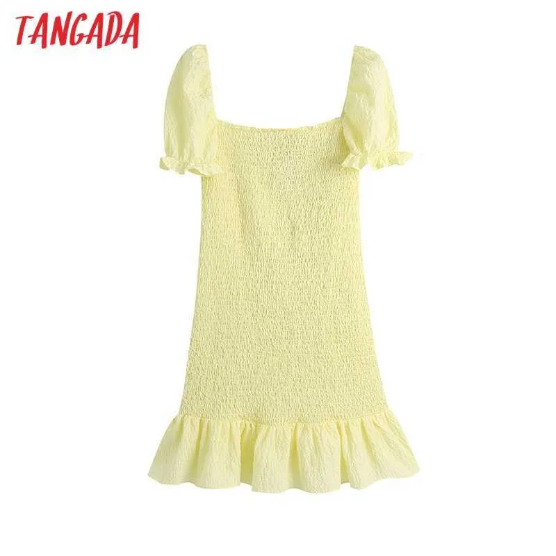 Tangada Femmes Été Smocké Élastique À Volants Mini Robe Vintage Manches Bouffantes Avec Doublure Robes Féminines Robes BE622 210609