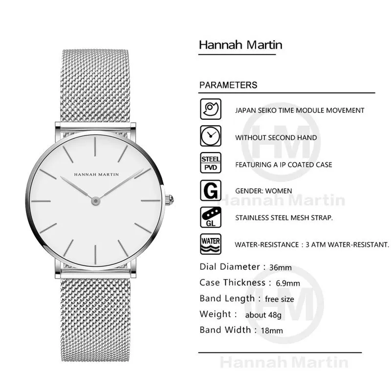 ハンナマーティンクォーツリストドレスの女性が銀のブレスレットレディースウォッチステンレス鋼の時計カジュアル防水時計女性21247R