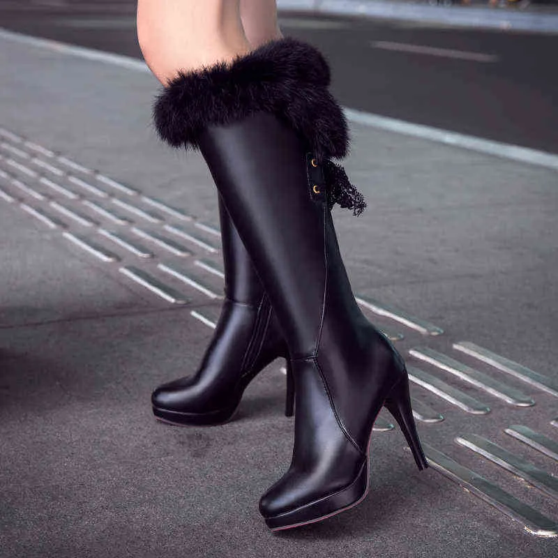Весенние сапоги до бедра на платформе, зимние женские замшевые сапоги выше колена на длинном каблуке, меховая плюшевая обувь на танкетке, женская обувь 211105