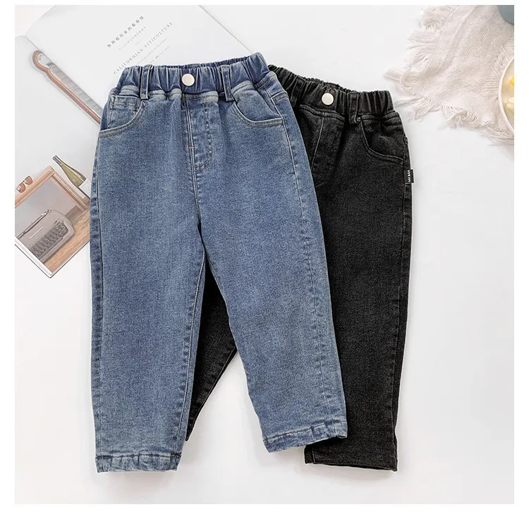 Winter Boys and Girls Soft Elastic Fleece Voering Warm Jeans Kinderen Mode All-match Denim Pants 210508