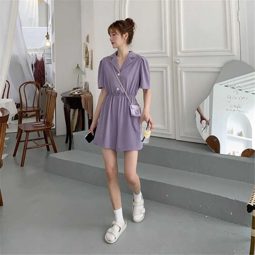 Office Lady Jumpsuits Women Style Korean High talia Krótkie rękawie na wysokim rękawie plus rozmiar 3xl moda luźna solidne zabawy 210619