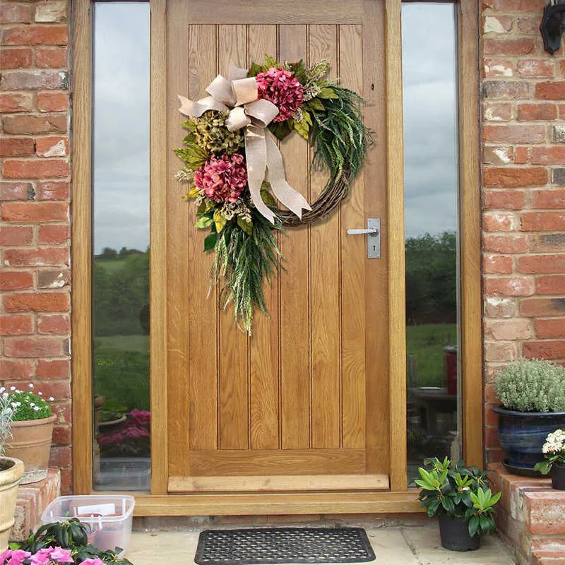 Coroa de flores de hortênsia rosa fazenda rústica para decoração de casa guirlanda artificial para decoração de parede da porta da frente Q0812277Q
