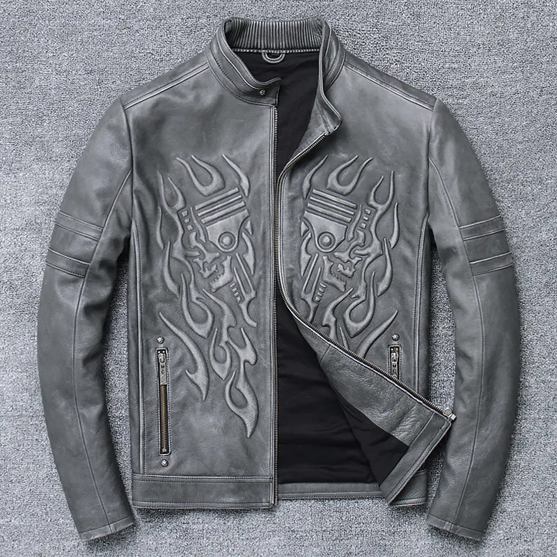 Mens punk skalle läder jacketmen äkta läder coat.Motor biker läder kläder.Graysales