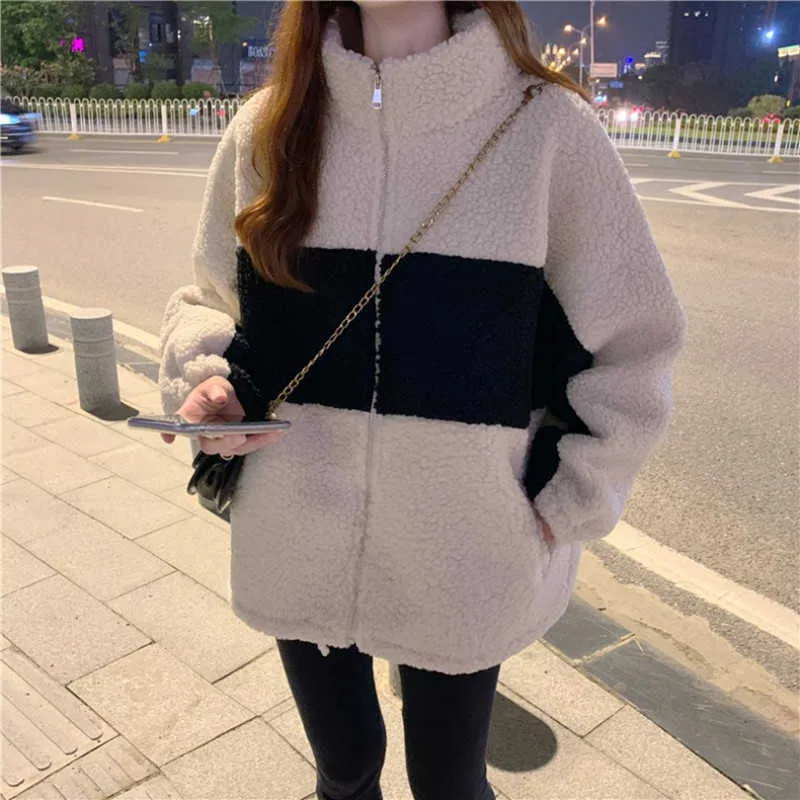 Vinterkvinnorrockar Fashion Loose Stand Collar Casual Ladies Clothed Zipper Ladies Jacket Lamb Wool Women's Coat 211025