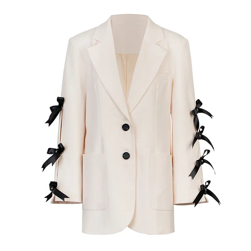 Femmes Beige Noir Patchwork Poche Bouton À Manches Longues Col Encoche Blazer Oversize Printemps Automne Automne Arc C0320 210514