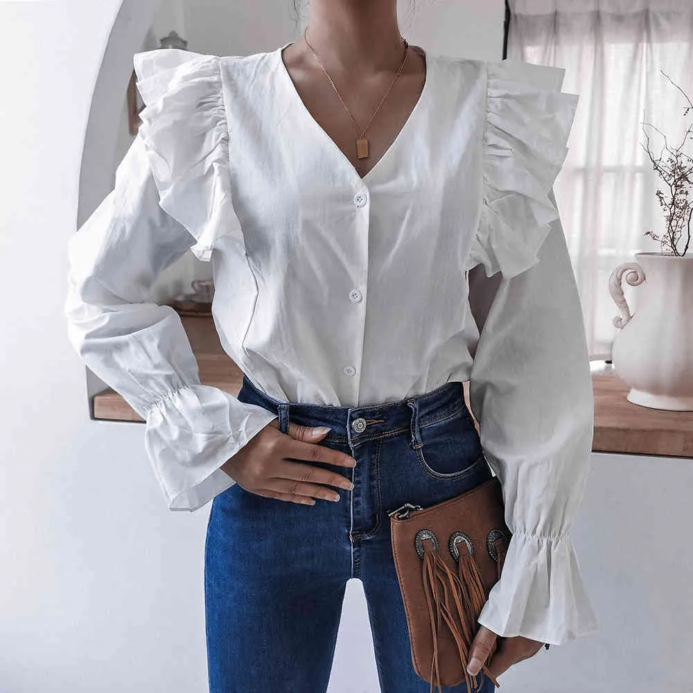 Autumn White vintage shirt Blouses for women blouse with V bell-sleeve ruffles casual white shirt tops Women's blouse clothing 210514