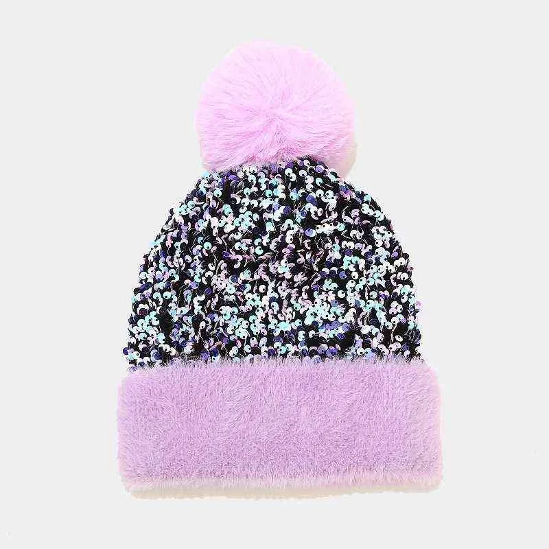 Brand Winter knitted Beanies Hat Luxury Bing Sequins Skullies Female Fur Pompom Hat Bonnet Caps 211119