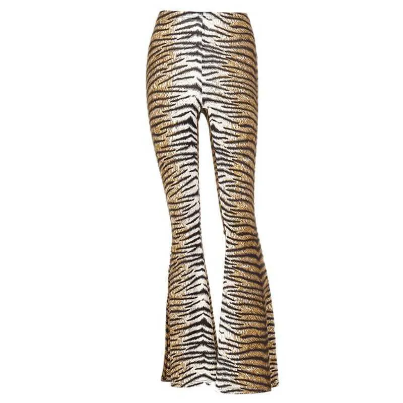 Women High Waist Wide Leg Pants Leopard Tiger Stripes Flare Bell Bottom Trousers H7EF Q0801