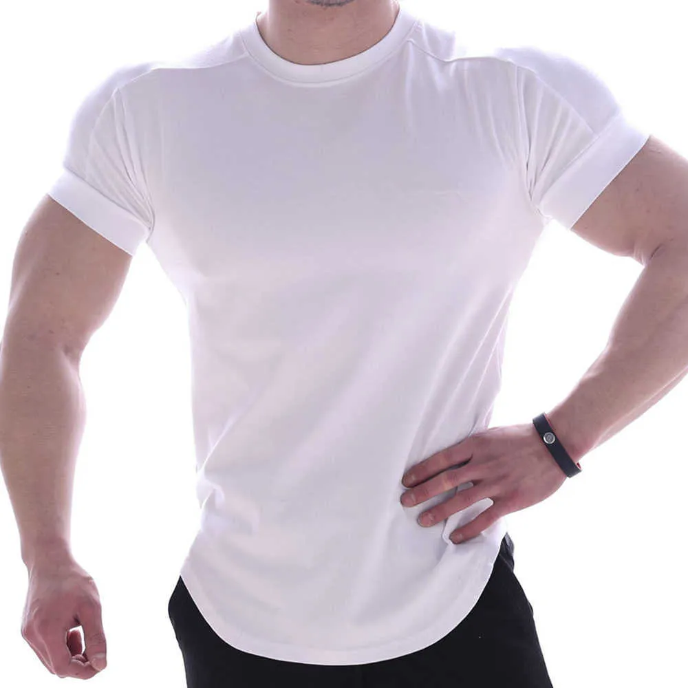 Camiseta negra de gimnasio para hombre, camiseta deportiva de algodón para Fitness, camiseta ajustada de entrenamiento de culturismo para hombre, camisetas sólidas informales de verano, ropa 210716
