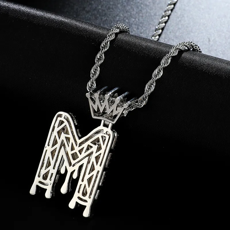 Couronne Bail goutte à goutte initiales bulle lettres colliers pendentif glacé Zircon cubique pour hommes femmes Hip Hop bijoux