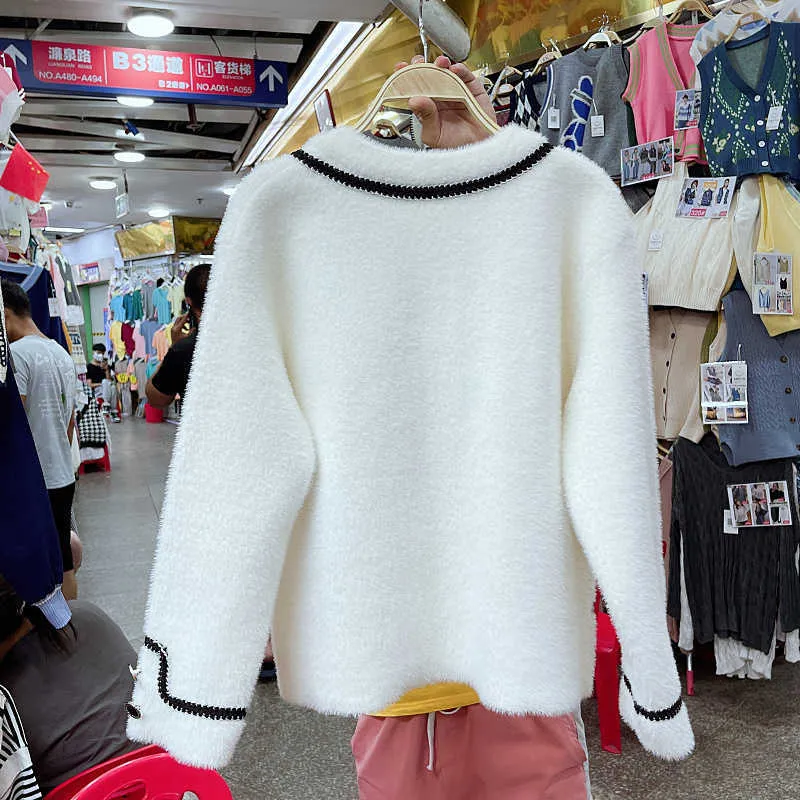 Cappotto di cashmere vintage coreano visone finto abbigliamento invernale da donna sciarpa con fiocco colore a contrasto maglione cardigan giacche capispalla 211025