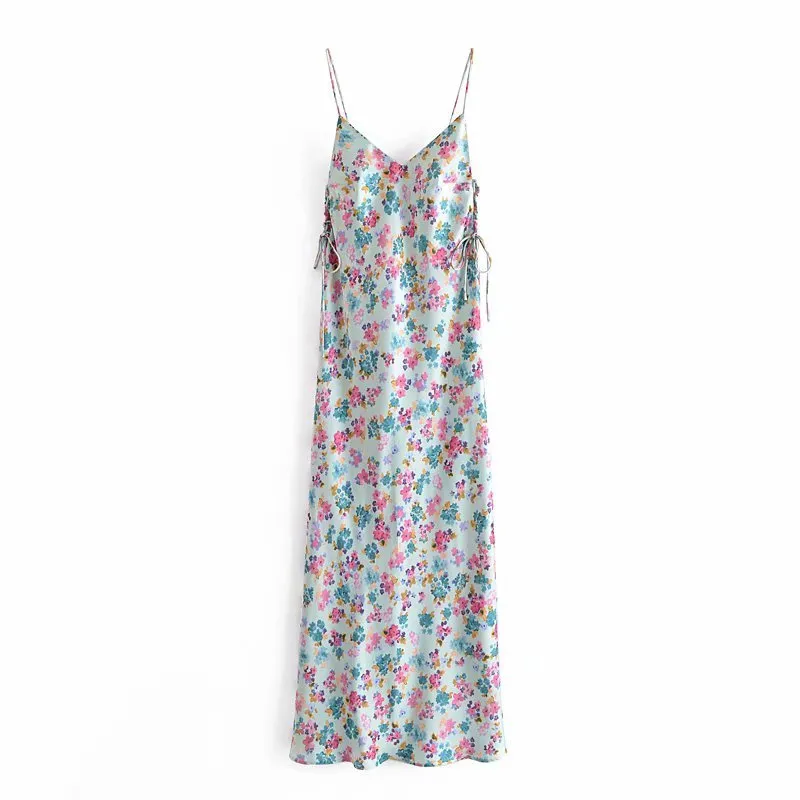 Sommarklänning Kvinna Satin Backless Strap Maxi es Women Floral Print Sexig Party Ärmlös Slip Vestidos 210430