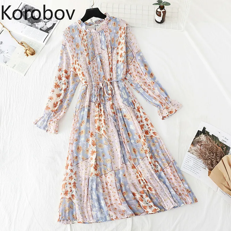 Korobov coréen chic fleur imprimé mousseline de soie femmes robe vintage col rond manches évasées a-ligne robes plage style boho robe femme 210430