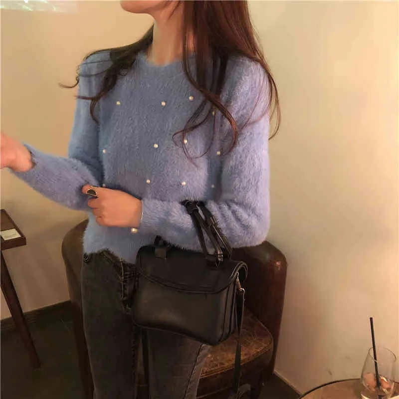 Autumn Winter Women's Sweater Korean Style Pure Color Beaded Long-sleeved Casual All-match Knitted Tops GX742 210507