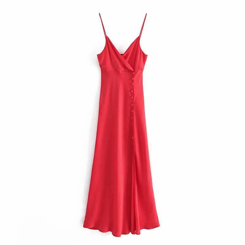 Sommar kvinnor maxi klänning v-nacke elegant dam mysig kvinna sling slits sexig röd satin klänning 210709