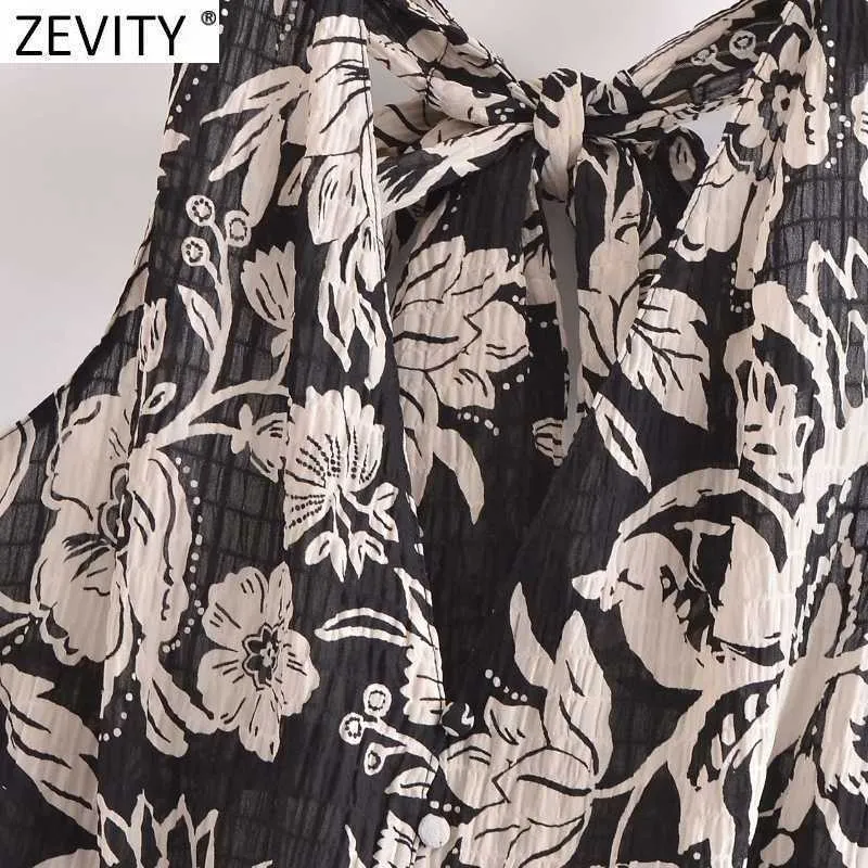 Zevity Women Vintage Tropical Floral Print Short Smock Blouse Female Sleeveles Backless Bow Tie Vest Shirt Chic Crop Tops LS9253 210603