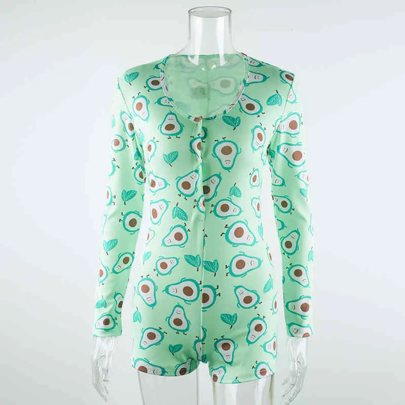 OMSJ女性夏のショートパンツonesiesキウイフルーツパターンプリント面白い緑のボディコンジャンプスーツストリートウェア衣装ロンパースプレイスーツ210517