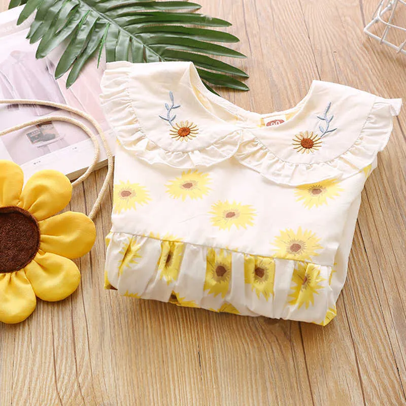 Humor Bär Mädchen Kleid Sommer Neue Puff-Hülse Sonnenblume Gedruckt Nette Kinder Prinzessin Kleid Kleinkind Kleidung Für 2-6Y q0716