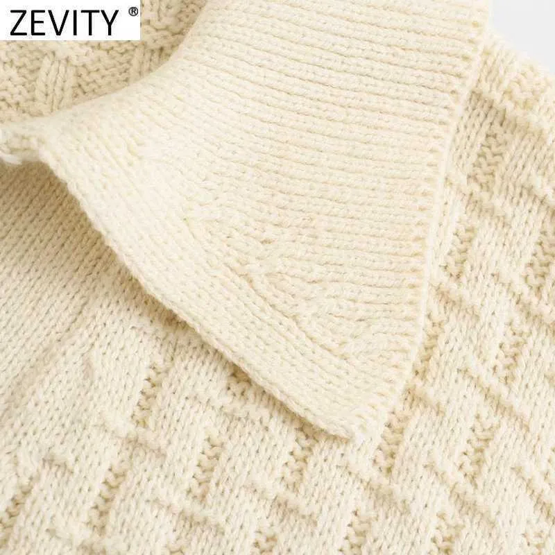 Zevity Mulheres Vintage Desligado Colar Verificação Manta Sólida Sorrida Camisola Feminino Casual Colete Solto Chic Pullovers Tops SW694 210603