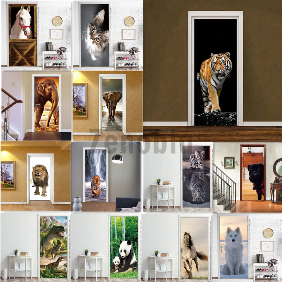 Carta da parati animali in PVC Adesivo porta 3D autoadesivo Tigre Cavallo Elefante Panda Murale Rimovibile Home Decor Decalcomania Fai da te Adesivo Deur 218894865