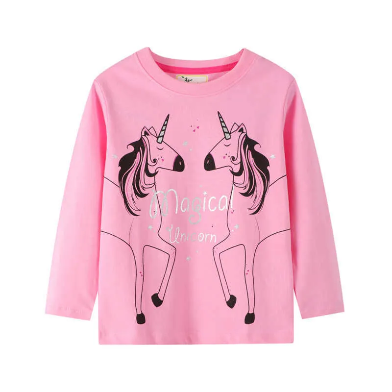 Hoppmätare Långärmad T-shirt Unicorn Baby Bomull Kläder för höst Vårt barns toppar Blusflickor 210529