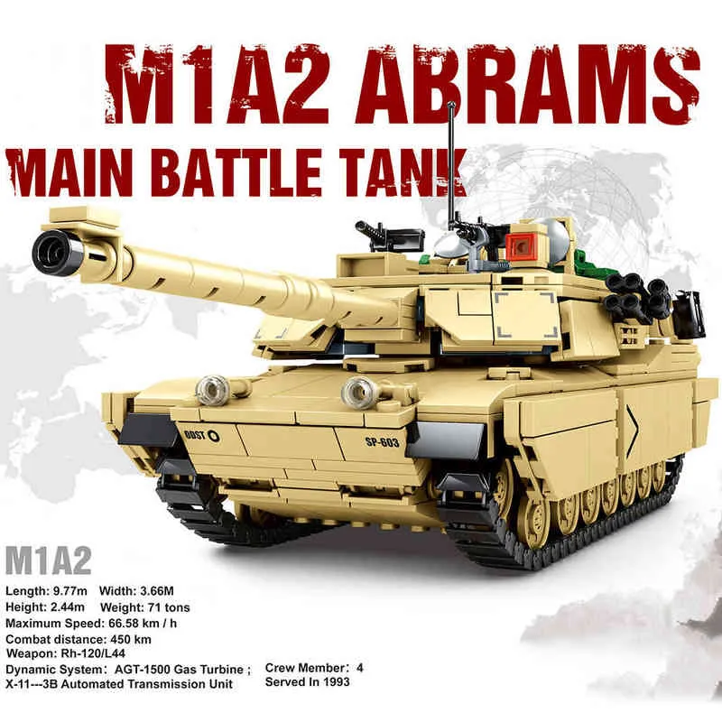 WW2 군사 M1A2 Abrams 주요 전투 탱크 빌딩 블록 육군 병사 도시 벽돌 경찰 어셈블리 장난감 어린이를위한 선물 아이들 AA220303