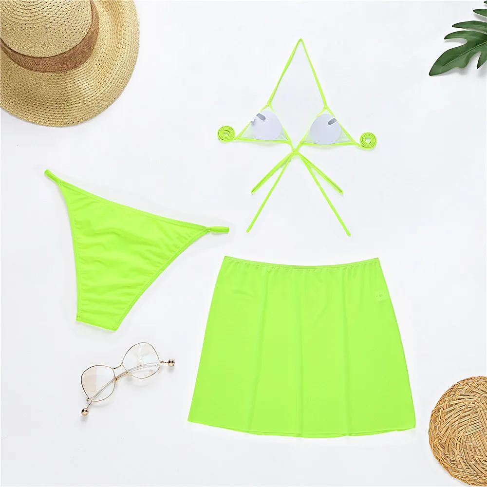 Three-piece Suit Sexy Neon Yellow Orange Bikinis Push Up Bikini Arrival Swimwear Women Padded Bra Mesh Swimsuit Skirt 210520