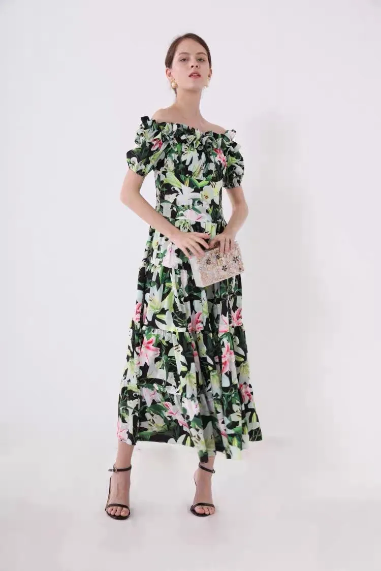 concepteur de piste fleur de lys imprimé slash cou froncé floral maxi A-ligne à manches courtes été robe de mujer robe vintage 210421