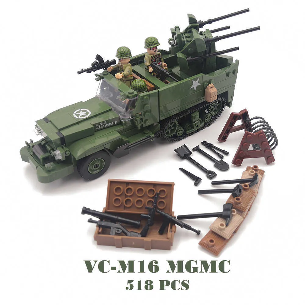 M16 MGMC US Army Half track WW2 Military Vehicle Tank Panzer Weapon Mini Soldier Figure Model Building Block Brick Children Toys Q0624