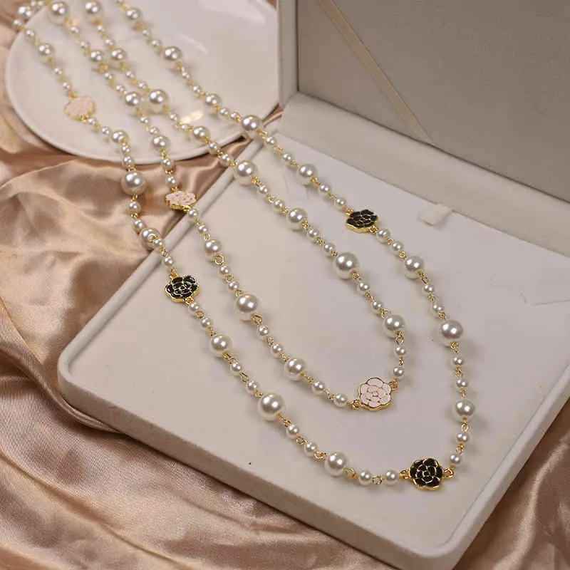 Luxus Kamelie mehrschichtige lange Perle Marke Design Rose Blume Pullover Kette Halskette für Frau