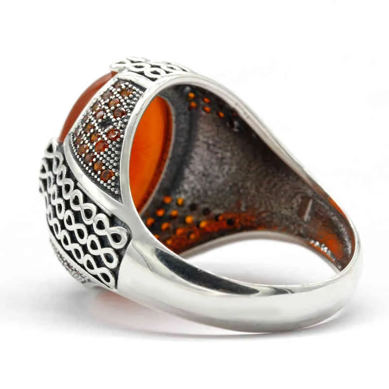 Solid 925 Silver Ring Retro Forntida Mellanöstern Arabisk Style Agate Stone Turkiet Smycken För Män Kvinnor Bröllopsgåva