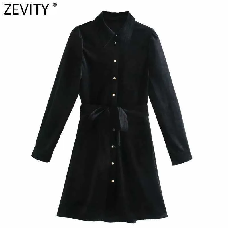 Zevity Frauen Vintage Einreiher Bogen Schärpen Samt Mini Kleid Femme Langarm Casual Business Vestido Hemd Kleider DS4821 210603