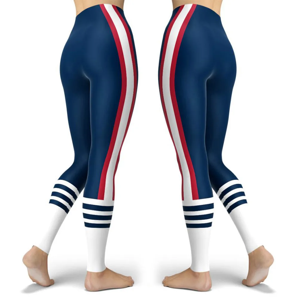 Ao ar livre casual magro impresso das mulheres esporte leggings femme cor fresca listrado magro elástico treino azul legging xl