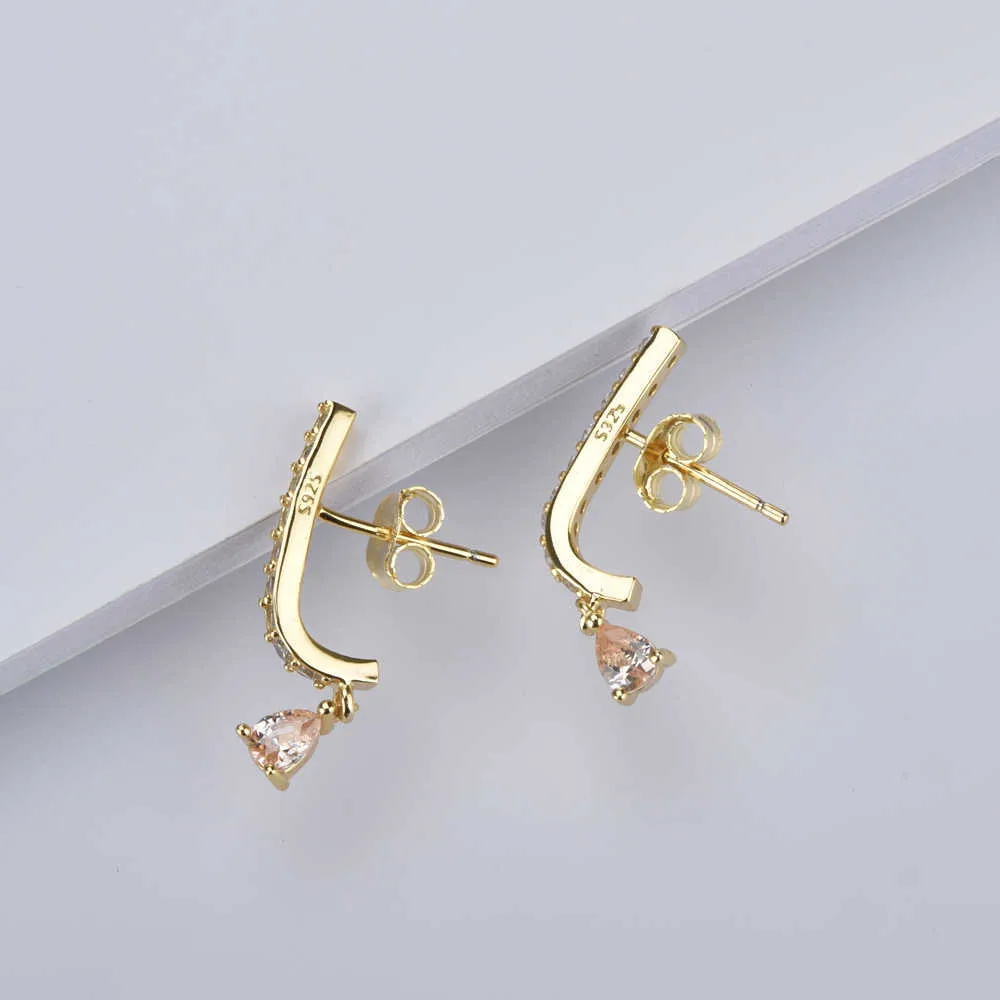 Andywen 925 Sterling Silver Gold Line Drop Boucle d'oreille Champagne Green Rainbow Piercing Clips Zircon CZ Crystal Femmes Luxe 210608