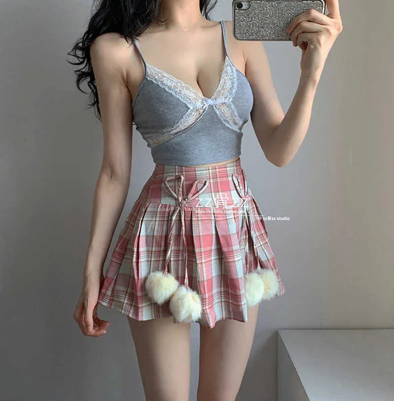 WOMENGAGA Sexy Chine Sweet Plaid Print Bow Hairy Loli Kawaii Asie Femmes Taille haute Mini jupe plissée Jupes Rose UY87 210603