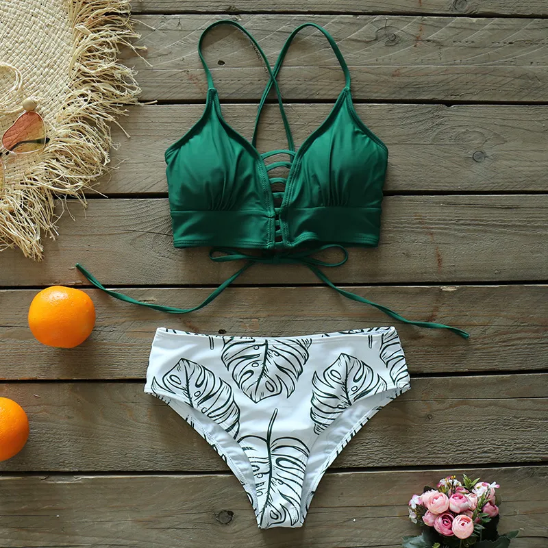 2021 Ny Sexig låghöjd bikini Set Women Swimsuit Lace Up Badkläder plus storlek Baddräkt Beach Wear Print Summer Biquini Female 210319