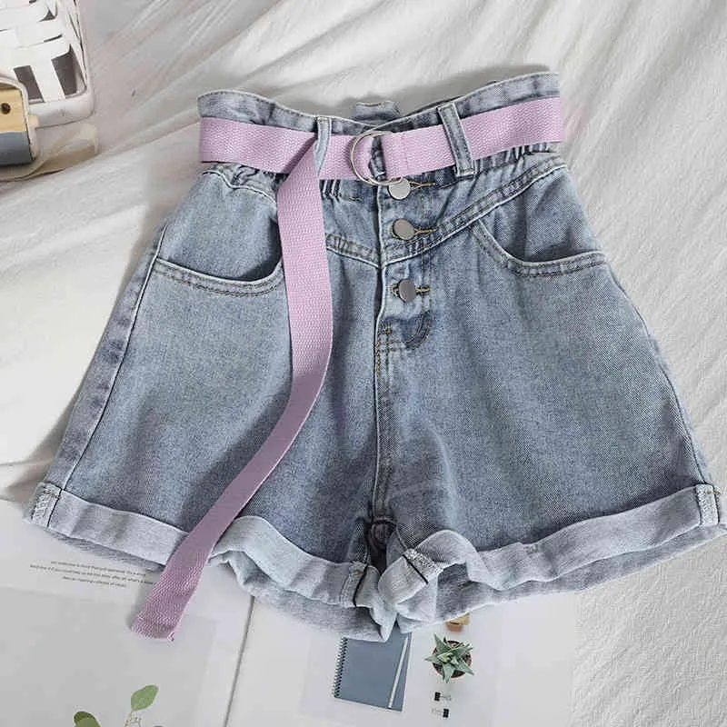 Kimutomo Age-reducing Fashion Jeans Korean Spring Summer Button-up High-waisted Wide Leg Trouser Roll-up Denim Shorts 210521