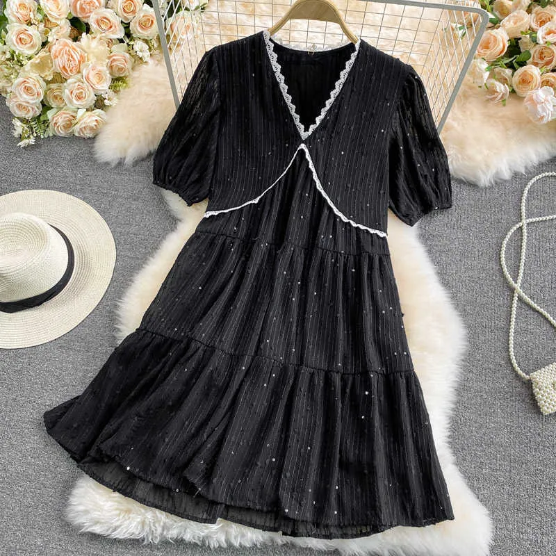 LY VAREY LIN Summer Women Sweet V-neck Puff Sleeve High Waist Dresses Casual Lace Solid Color A-line Office Lady Midi Dress 210526