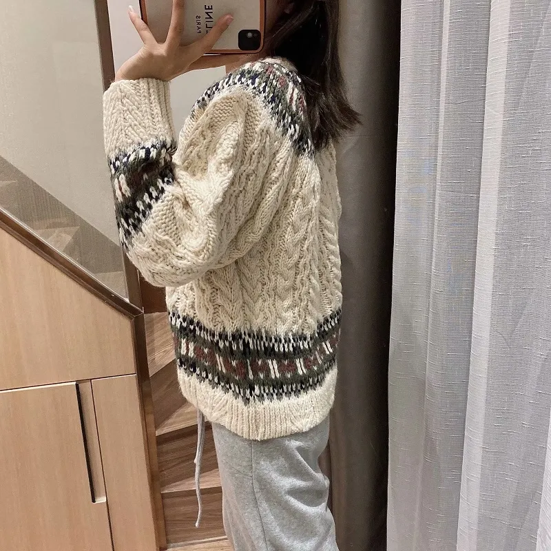 Zima Biały żakardowy sweter z dzianiny Kobiety Kontrast Pullover Oversized Argyle Kobieta Swetry Z Długim Rękawem Jesienne Odzież 210430