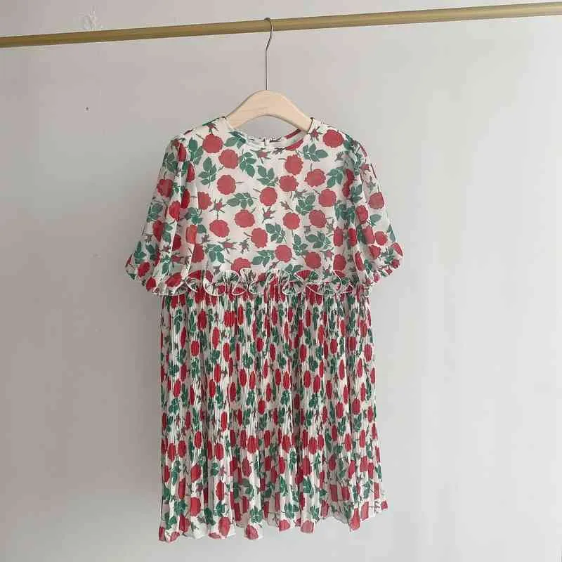 夏のビンテージローズプリントパフスリーブの女性のドレス甘い真菌の端の半袖vestido Mujerハイウエストファムローブ210514