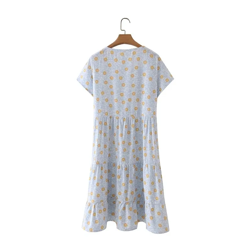 Summer Women Floral Print V Neck Tiered Ruffle Mini Swing Dress Female Short Sleeve Clothes Casual Lady Loose Vestido D7773 210430